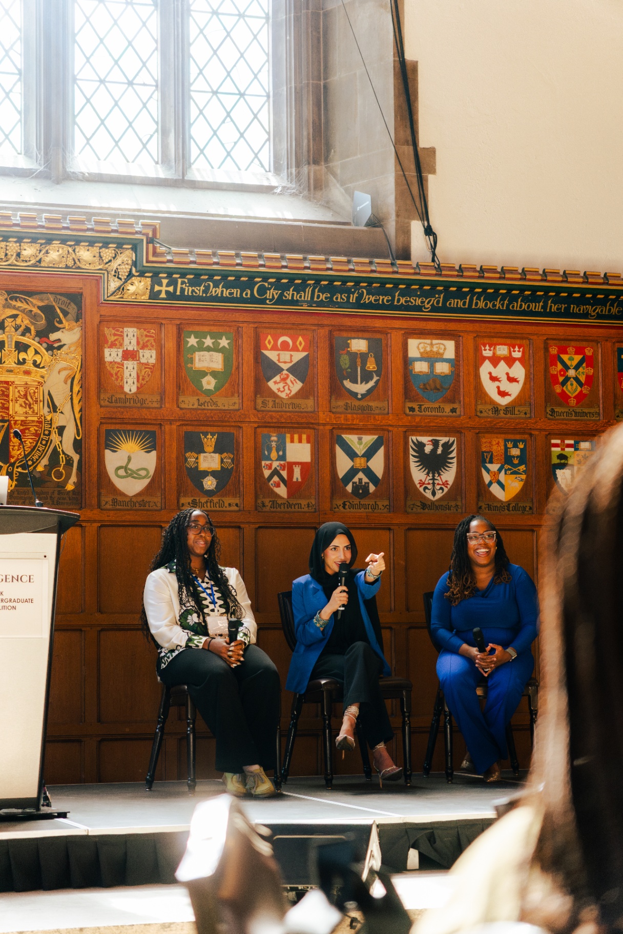 Meena speaking on a panel at a conference